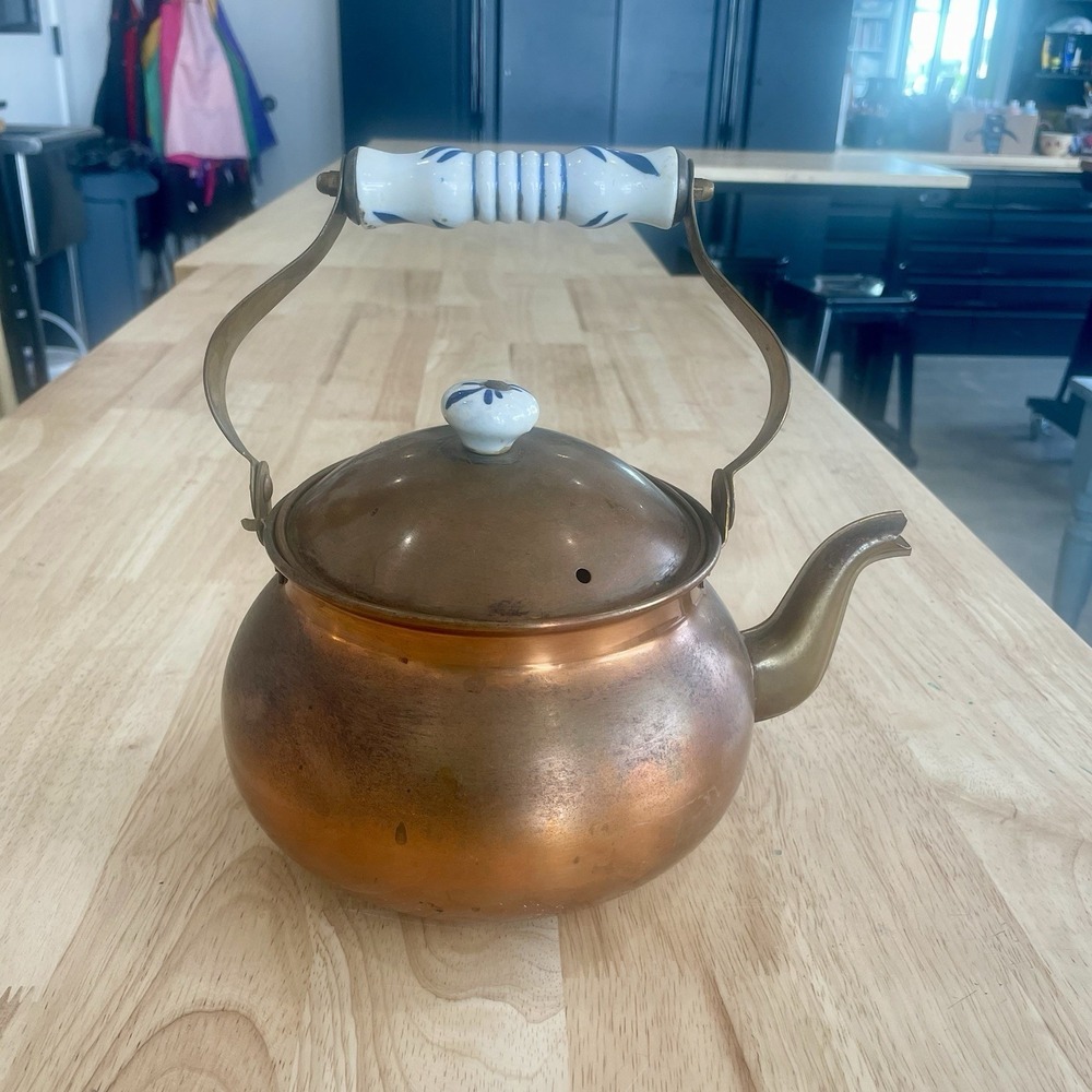 Vintage Decorative Copper Tea Kettle Pot With Ceramic Delft Blue Handle